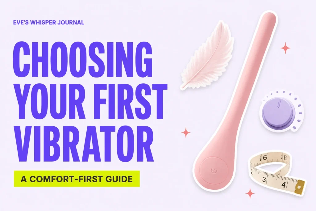 Pink personal massager with comfort, control and size symbols for a first vibrator choosing guide.