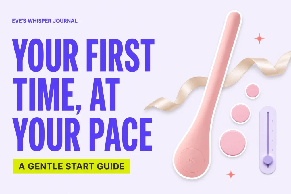 Pink personal massager with gentle progression and low-intensity symbols for a pressure-free first-time guide.