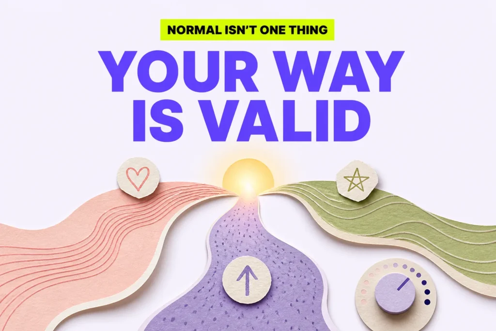 Editorial graphic reading “Your Way Is Valid,” with three textured paths, choice symbols, and an intensity dial on a lavender background.
