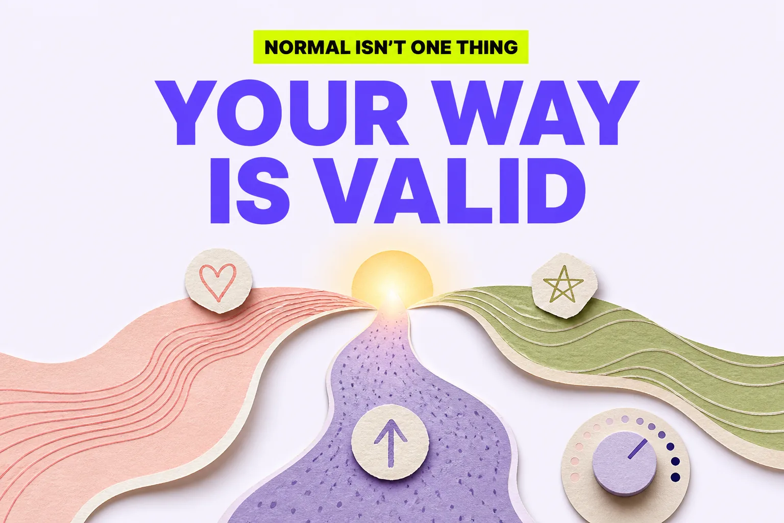 Editorial graphic reading “Your Way Is Valid,” with three textured paths, choice symbols, and an intensity dial on a lavender background.