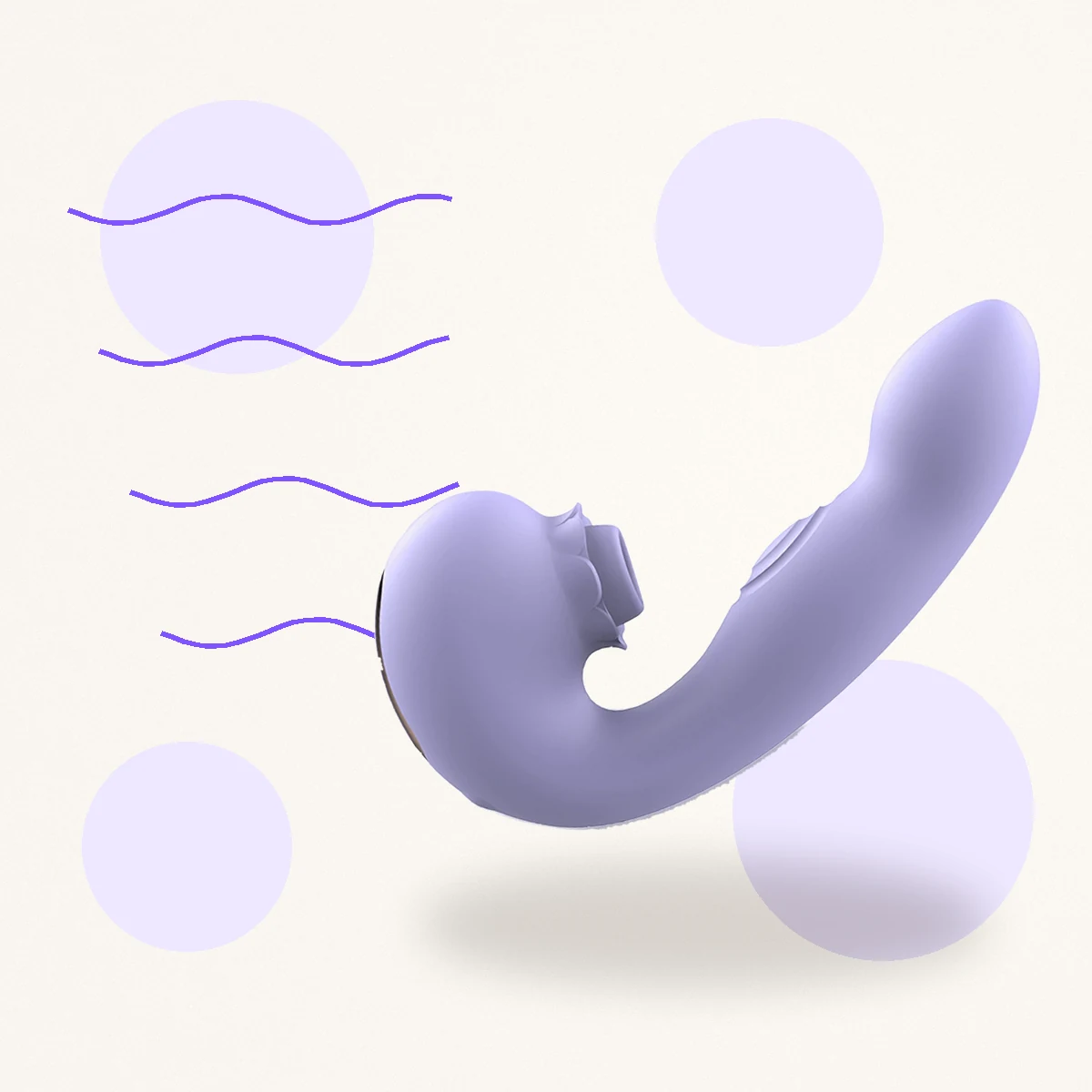 Purple Embrace suction vibrator beside four abstract sensation waves