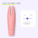 Pink clitoral vibrator beside a left-right slide diagram and labels for 3 intensities and 5 patterns.