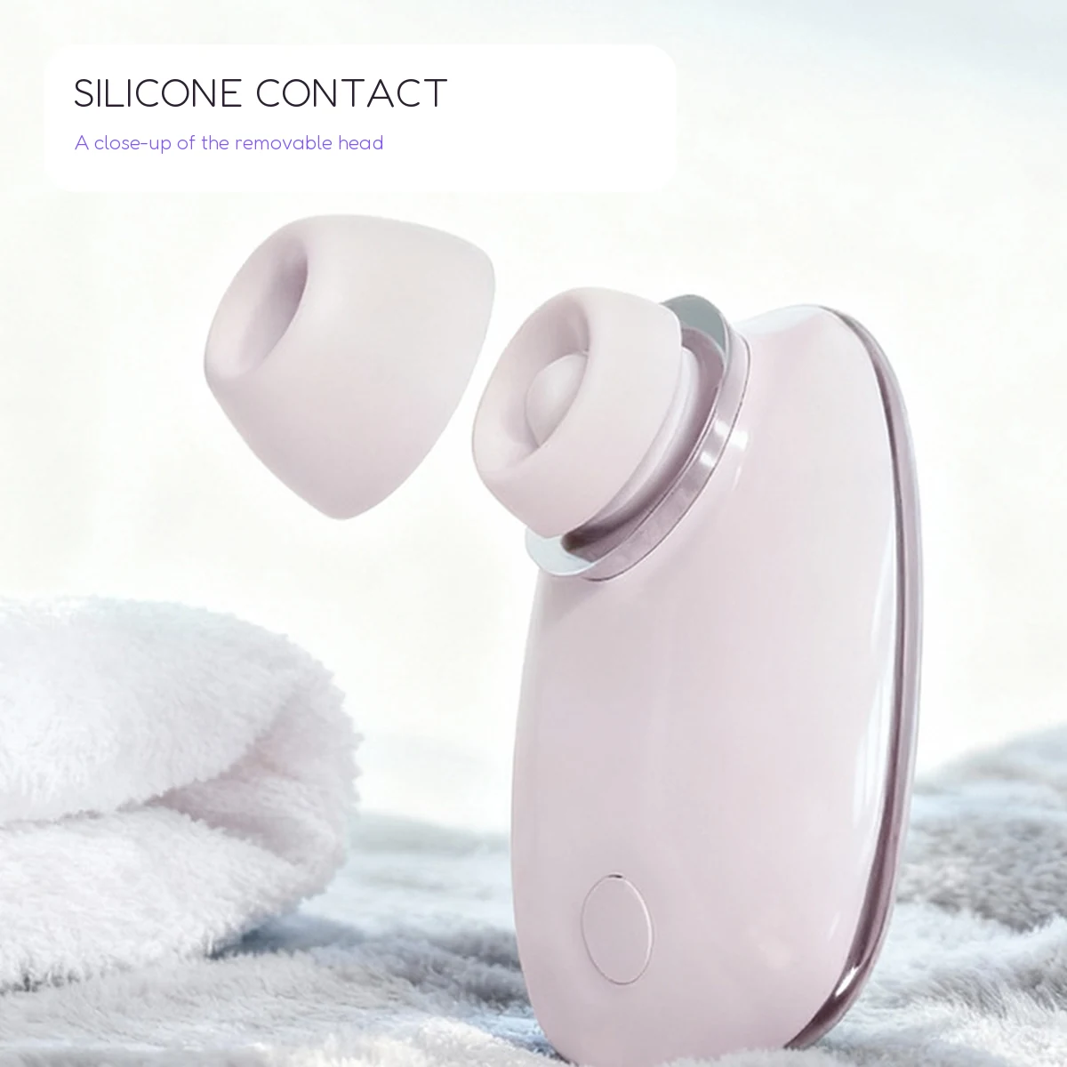 Close-up product photo of the Blush Pod silicone contact head and soft pink ABS body.