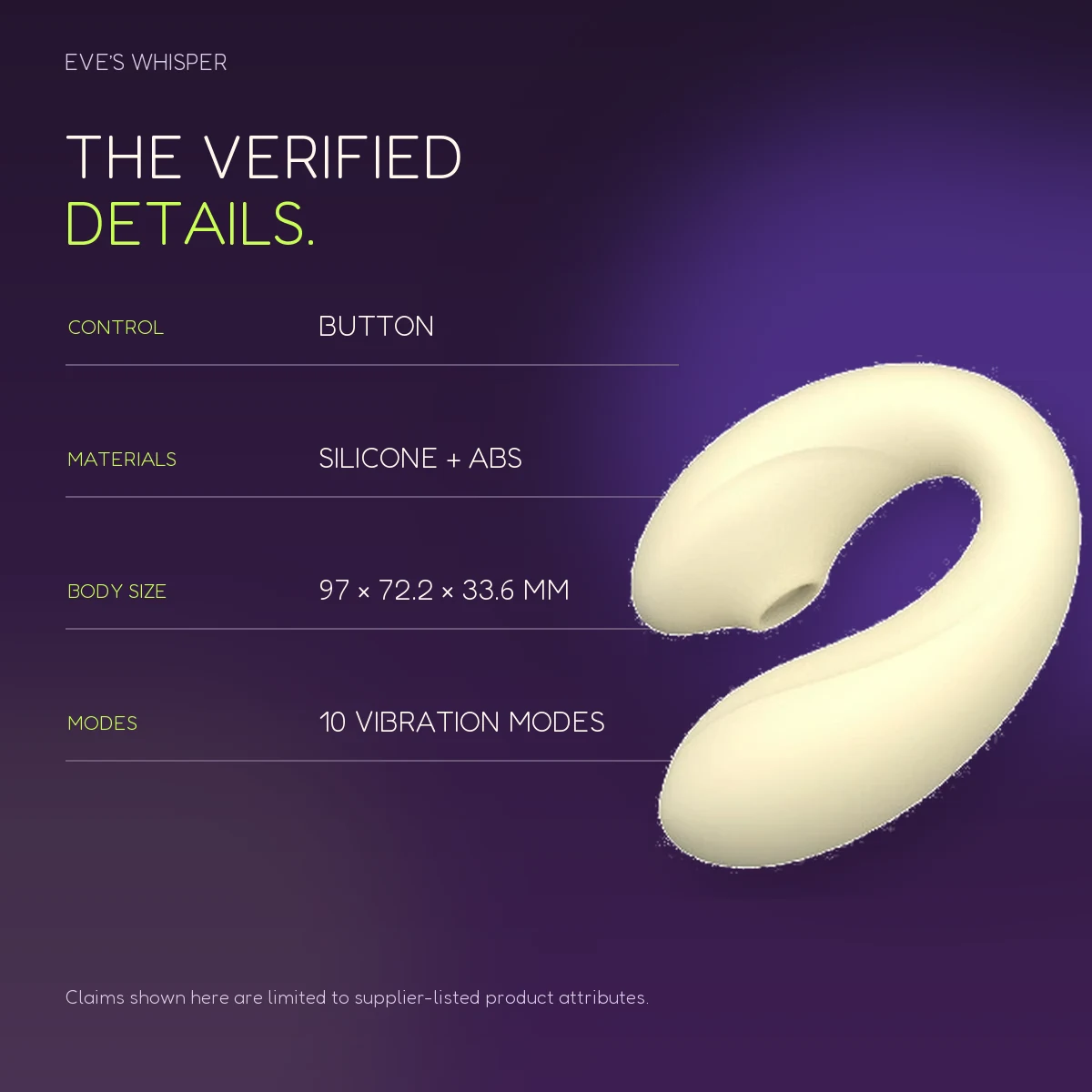 Halo Kiss product with verified button, material, size and vibration mode details