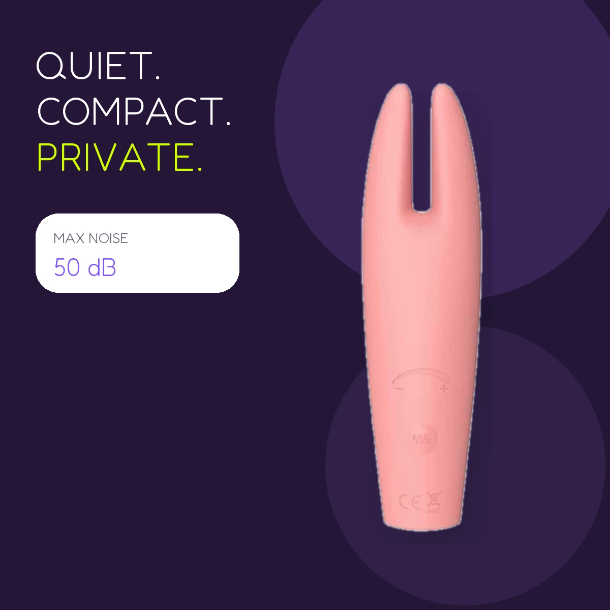Pink rabbit-ear vibrator on a dark purple background with a supplier-listed 50 dB noise figure.