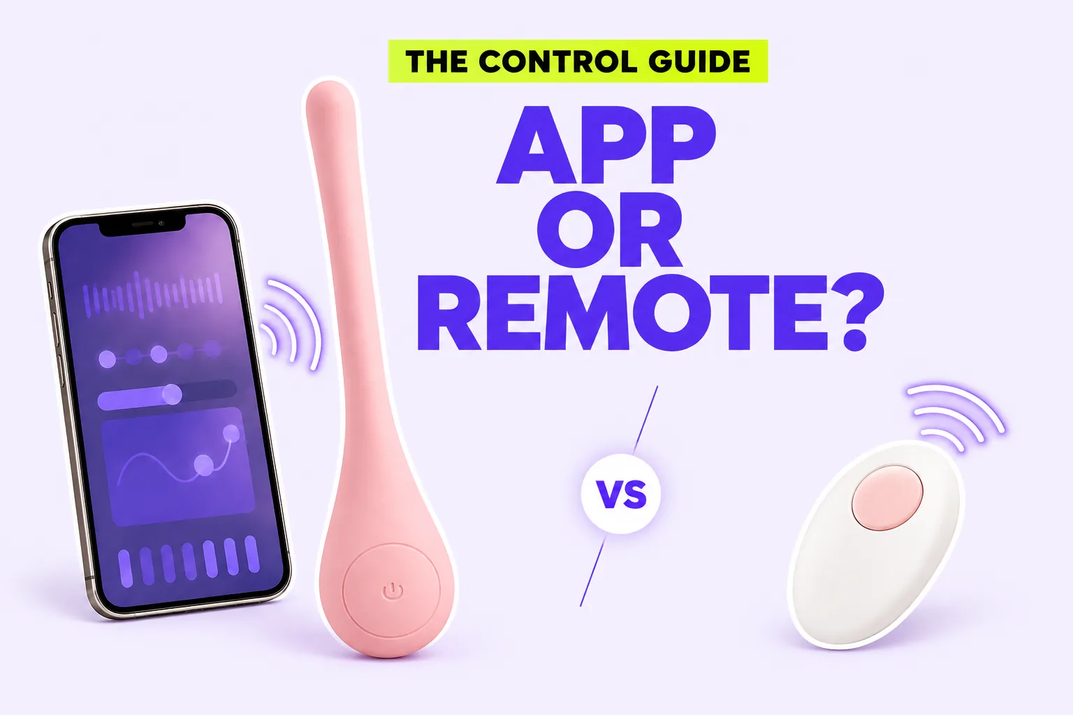 Style 2 editorial cover showing the pink SERA massager between a smartphone app and a separate handheld remote beneath the words App or Remote?