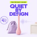 Style 2 editorial cover showing the pink SERA massager with a lavender storage pouch, mute symbol, fading sound waves and a bedside drawer beneath the words Quiet by Design.
